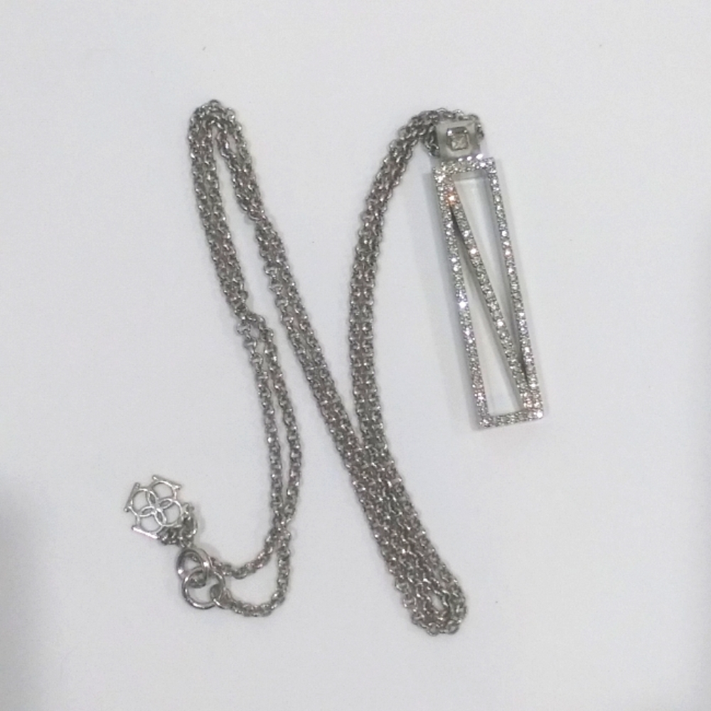 Ann Taylor Silver Tone Modernist Rhinestone Rectangle Pendant Necklace